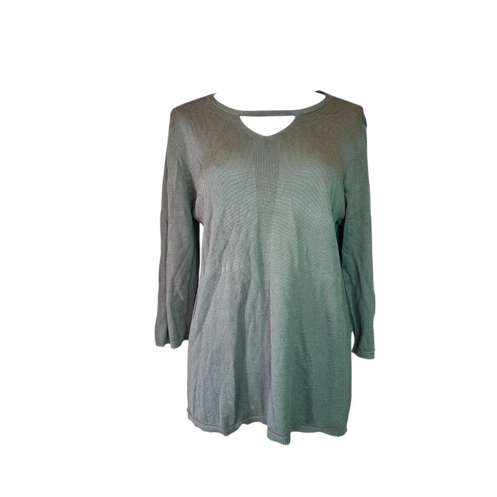 Chico's Women's 3/4 Sleeve Knit Blouse Cotton Blend Olive Green V-Neck Sz 2 (L)